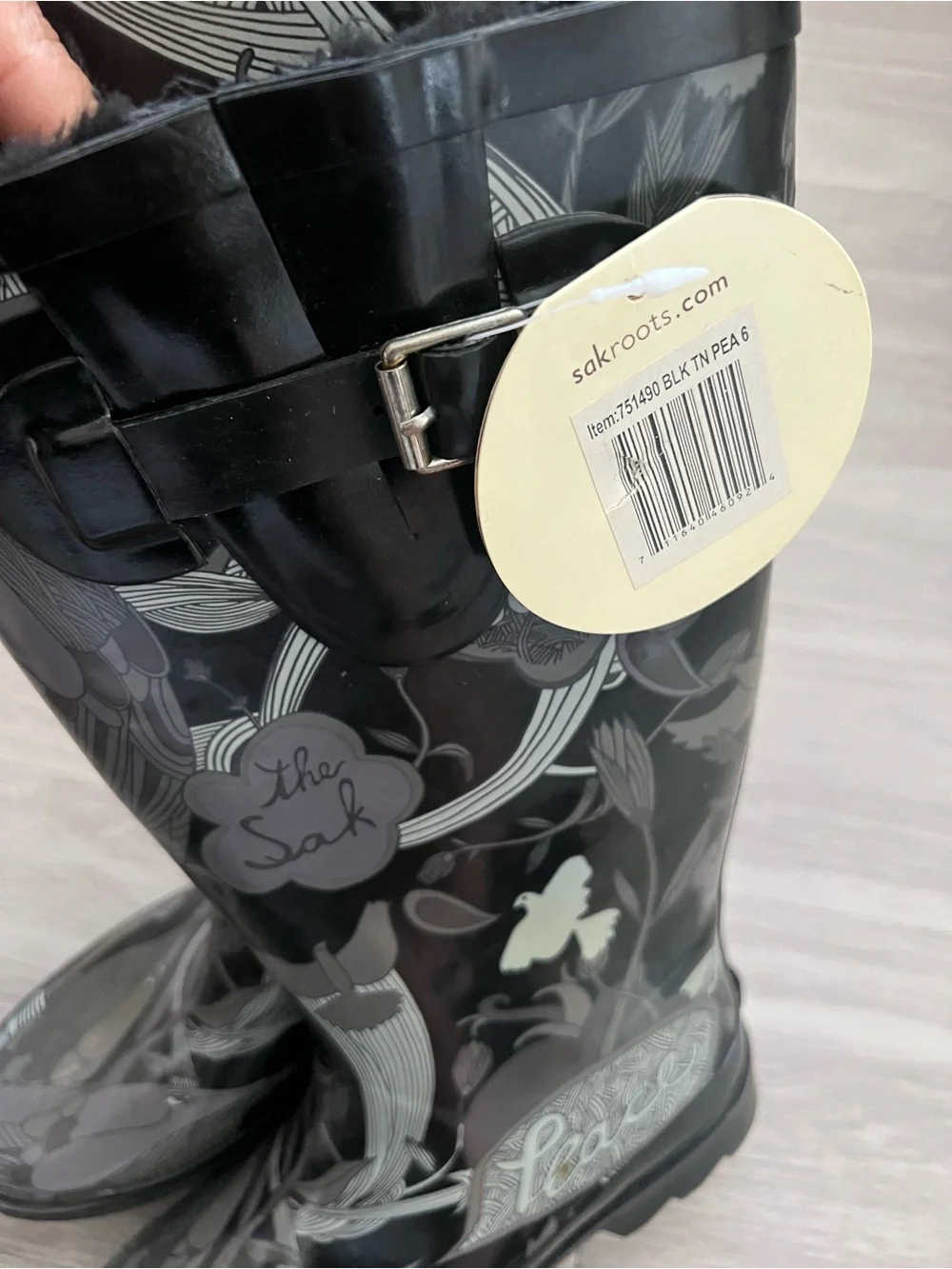 Sakroots Black Floral Rain Boots Size 6 Waterproof Rubber Buckle Mid-Calf